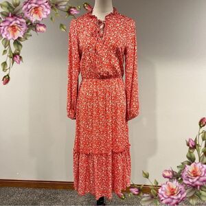 Miss Sparkling Floral Red Long Sleeve midi Dress size medium cottagecore style‎